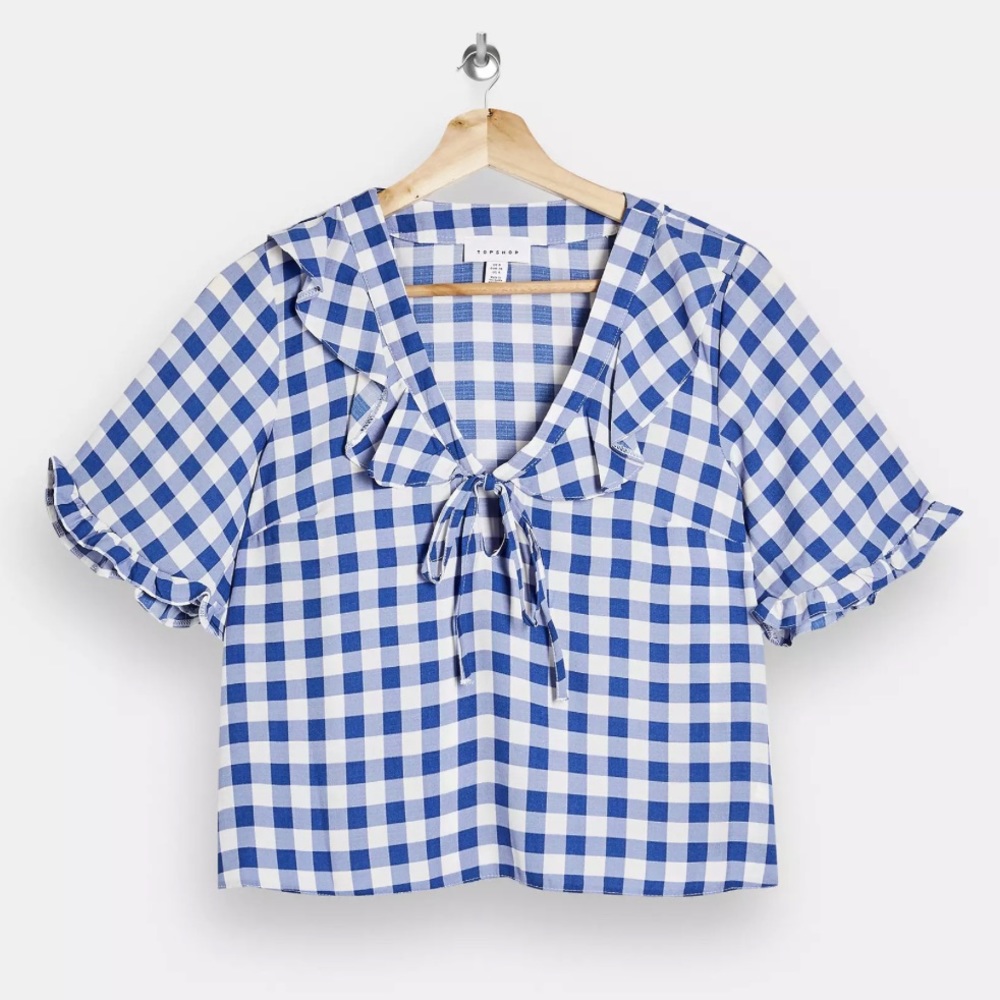 Topshop Blue Gingham Check Frill Blouse - US 6